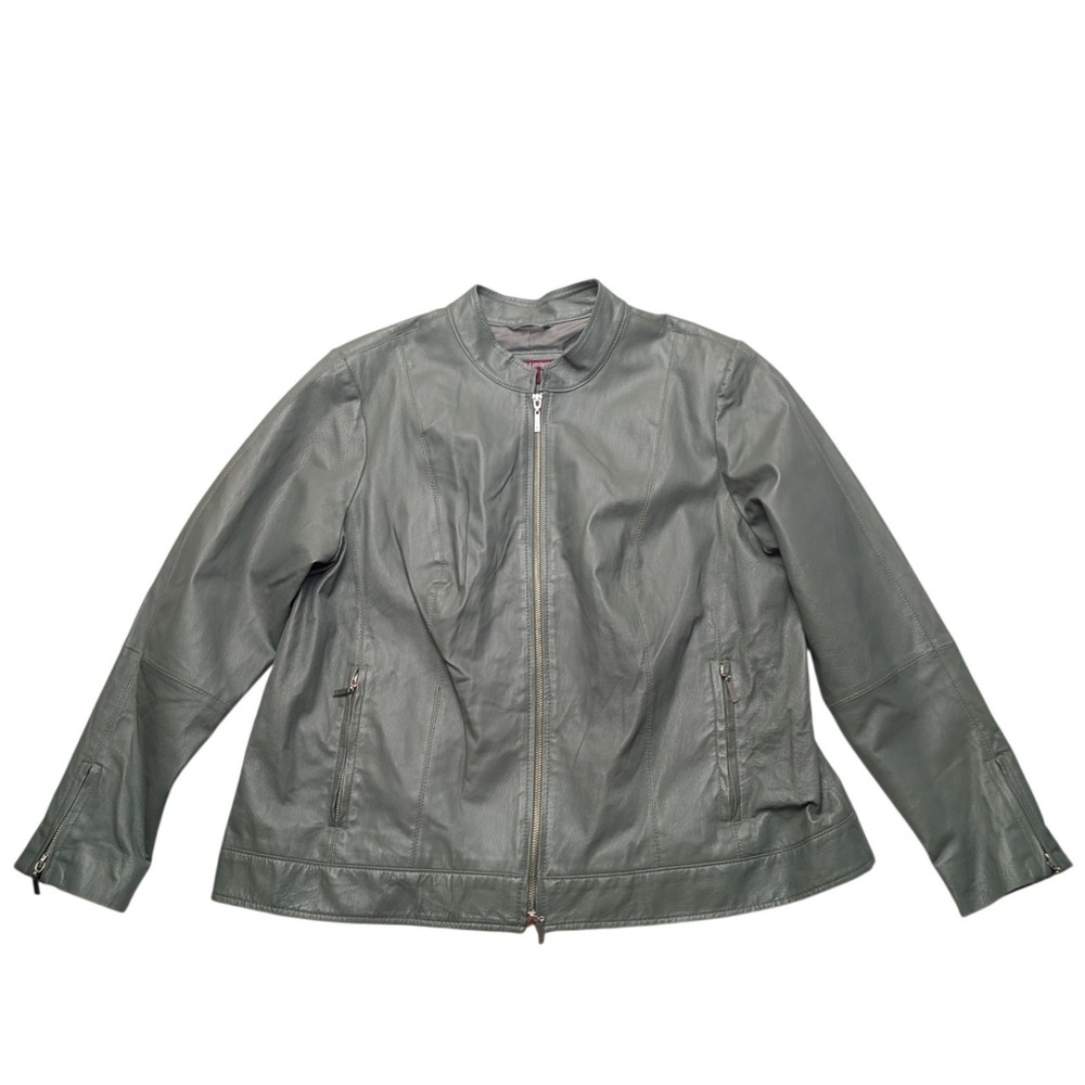 Jessica London Leather Jacket Women 20 Green/Gray Zip Moto Collarless 02-0116-0